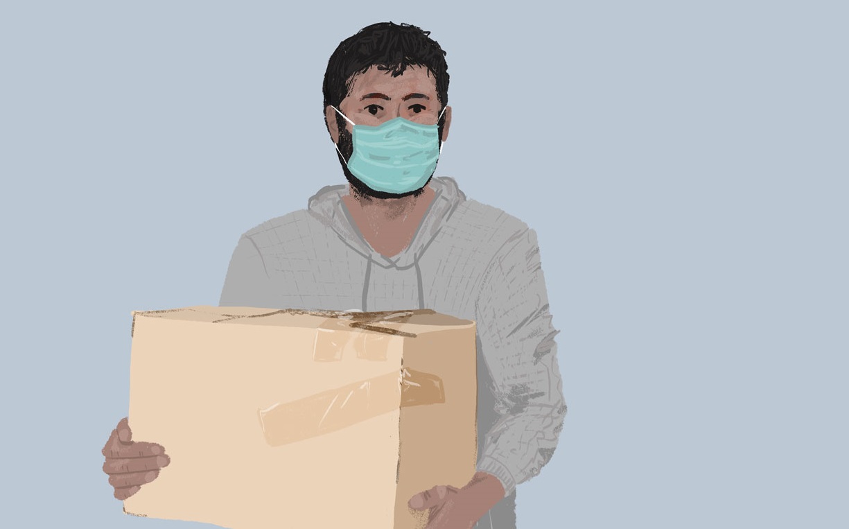 Illustration of Ahmed Hassan, a volunteer in Syria. He is wearing a mask and holding a cardboard box.